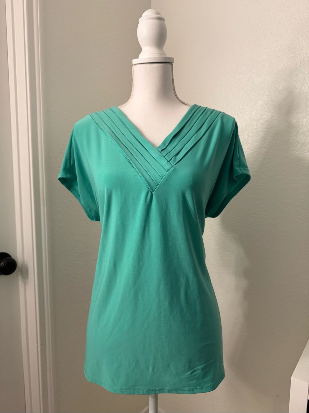 Cato Teal Pleated V-Neck Short Sleeve Top